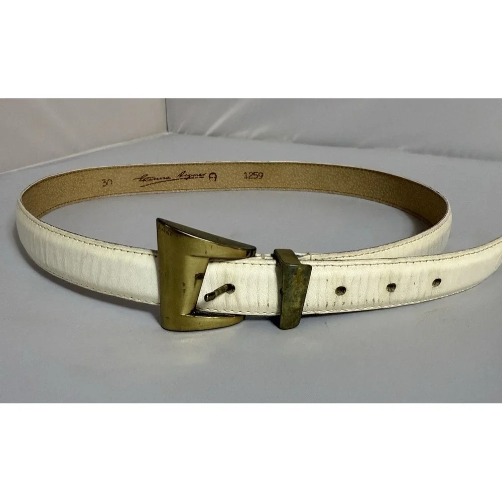 Etienne Aigner White Leather Belt Size 30 Ornate Brass Buckle Italy 1259 Vintage